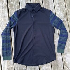 ** Trendiano Black Button Up Sweater Navy Green Sleeve Collared Large